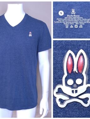 PSYCHO BUNNY V Neck T Shirt SMALL Blue MULTICOLOR LOGO Cotton Blend RABBIT